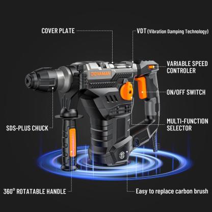 Taladro percutor rotativo RH15A SDS-Plus de 1-9/16'', 4 funciones en un solo mando, embrague de seguridad, 6 velocidades, 4350 golpes por minuto / 900 RPM, apto para hormigón, madera y acero.
