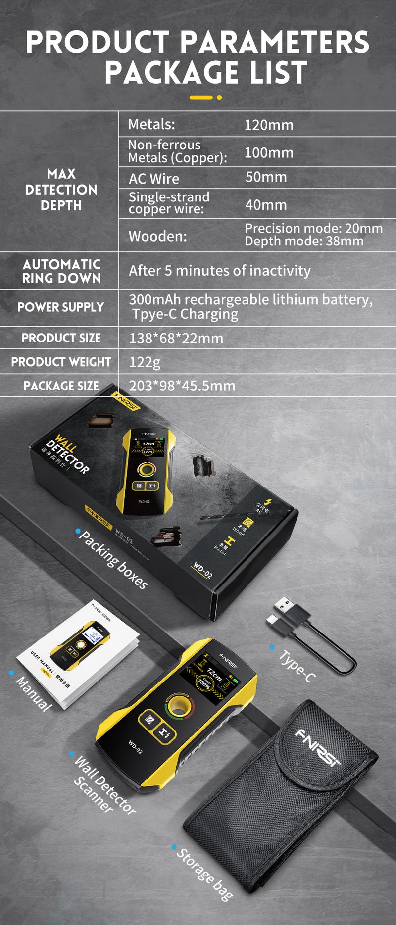 FNIRSI WD-02 Wall Detector Stud Finder Portable Precise Positioning TFT Display AC Live Cable Wires Metal Wood Stud Wall Scanner Tool Hardware with Clear Depth Gauge and Audible Alerts