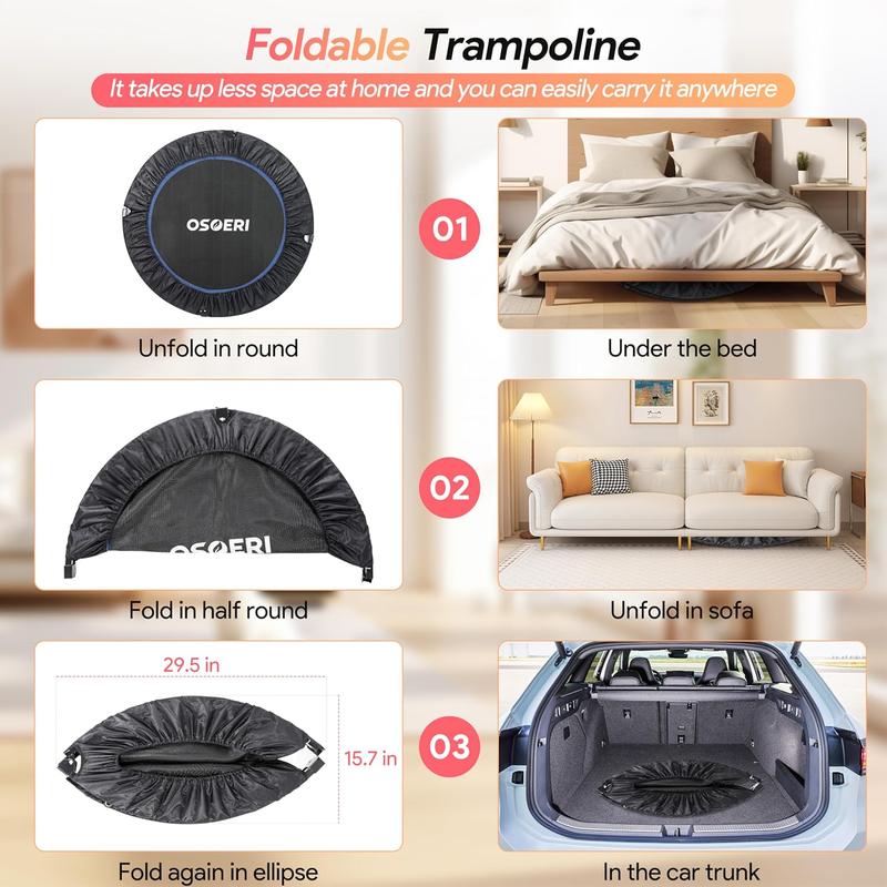 Cama elástica de rebote de 48 pulgadas, plegable para adultos, carga máxima de 450 libras, mini cama elástica con manillar de espuma ajustable para adultos, ideal para hacer ejercicio en interiores o en el jardín.