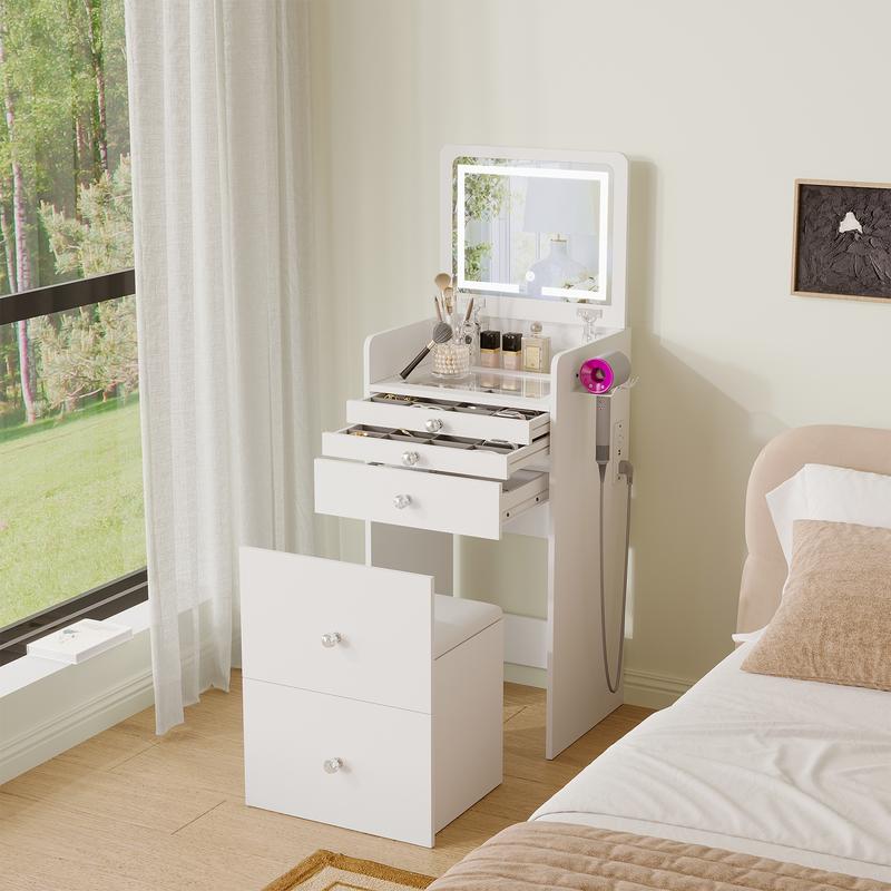 Tocador pequeño 3 en 1 con espejo con iluminación LED y taburete acolchado, mesita de noche, tocador pequeño para niñas.