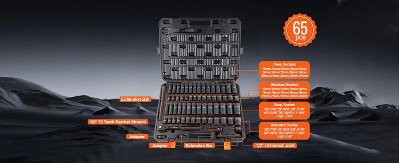 VEVOR Drive Impact Socket Set, Various specifications, Cr-V Alloy Steel for Auto Repair, Rugged Construction, Easy-to-Read Size Markings, Storage Case VEVOR Drive Impact Socket Set, Various specifications, Cr-V Alloy Steel for Auto Repair, Rugged Construction, Easy-to-Read Size Markings, Storage Case
