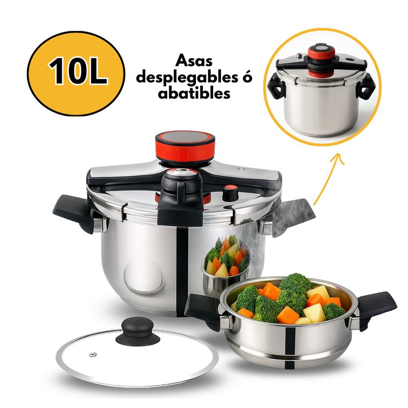 Olla a Presión de Acero Inoxidable con Cesta Vaporera y Tapa de Vidrio – Capacidades 6L, 8L y 10L – Compatible con Inducción, Eléctrica y Vitrocerámica y todo tipo de cocina – Segura, Eficiente y Fácil de Limpiar