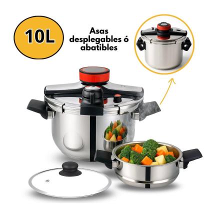 Olla a Presión de Acero Inoxidable con Cesta Vaporera y Tapa de Vidrio – Capacidades 6L, 8L y 10L – Compatible con Inducción, Eléctrica y Vitrocerámica y todo tipo de cocina – Segura, Eficiente y Fácil de Limpiar