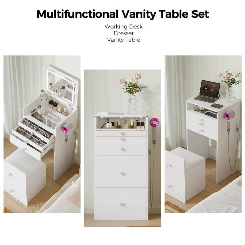 Tocador pequeño 3 en 1 con espejo con iluminación LED y taburete acolchado, mesita de noche, tocador pequeño para niñas.