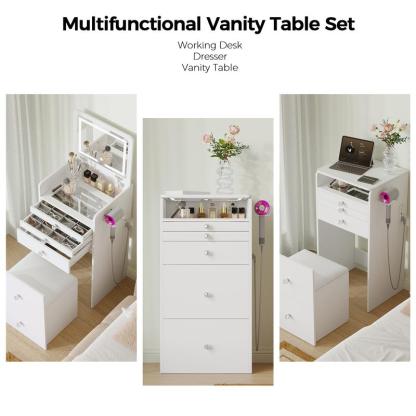 Tocador pequeño 3 en 1 con espejo con iluminación LED y taburete acolchado, mesita de noche, tocador pequeño para niñas.