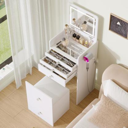 Tocador pequeño 3 en 1 con espejo con iluminación LED y taburete acolchado, mesita de noche, tocador pequeño para niñas.
