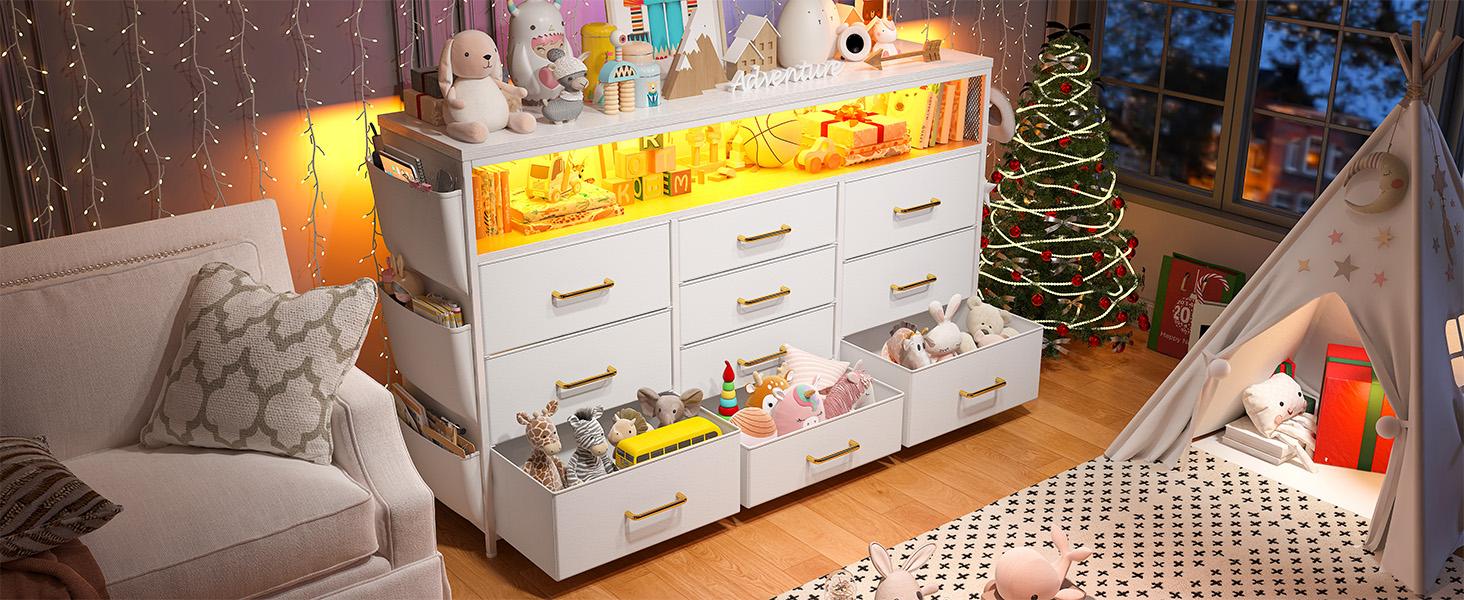 【24H Online Help】Raybee 10-Drawer Vanity LED Dresser with Side Pockets & Hooks, Modern Storage Cabinet with Wood Top, Fabric Drawers with Metal Frame, Space Saving Organizer for Small Apartments, Bedrooms, Dorm, Cute Cozy Home Decor,Easy Assembly 【24H Online Help】Raybee 10-Drawer Vanity LED Dresser with Side Pockets & Hooks, Modern Storage Cabinet with Wood Top, Fabric Drawers with Metal Frame, Space Saving Organizer for Small Apartments, Bedrooms, Dorm, Cute Cozy Home Decor,Easy Assembly