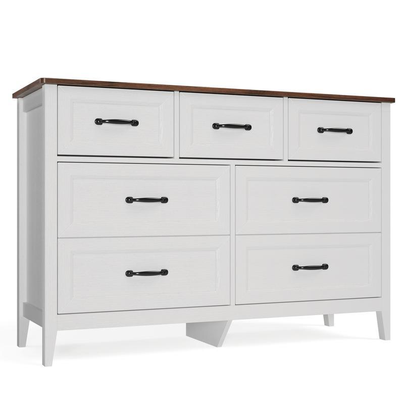 Cómoda de estilo rústico con 7 cajones, color blanco, con tiradores metálicos, 119 cm de ancho. Mueble organizador de madera para dormitorio infantil, pasillo, sala de estar o apartamento de chica. Ahorra espacio.