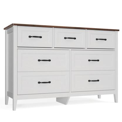 Cómoda de estilo rústico con 7 cajones, color blanco, con tiradores metálicos, 119 cm de ancho. Mueble organizador de madera para dormitorio infantil, pasillo, sala de estar o apartamento de chica. Ahorra espacio.