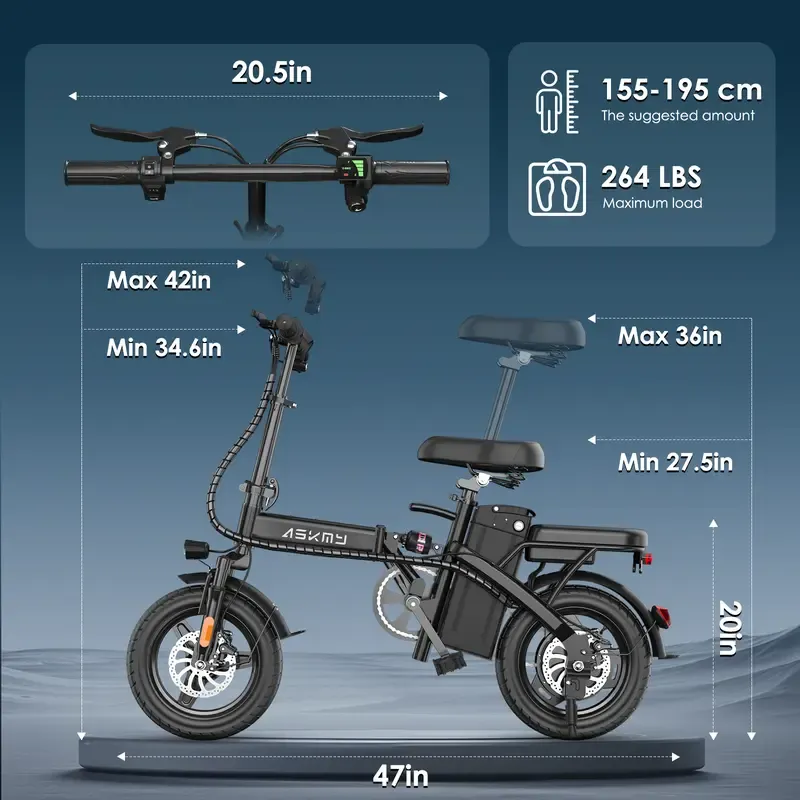 Bicicleta eléctrica plegable ASKMY E14: Motor de 1000 W (pico), hasta 45 millas de autonomía | Neumáticos sin cámara de 14", frenos de disco duales | Certificación UL, batería a prueba de pinchazos, garantía de 12 meses, diseño ligero