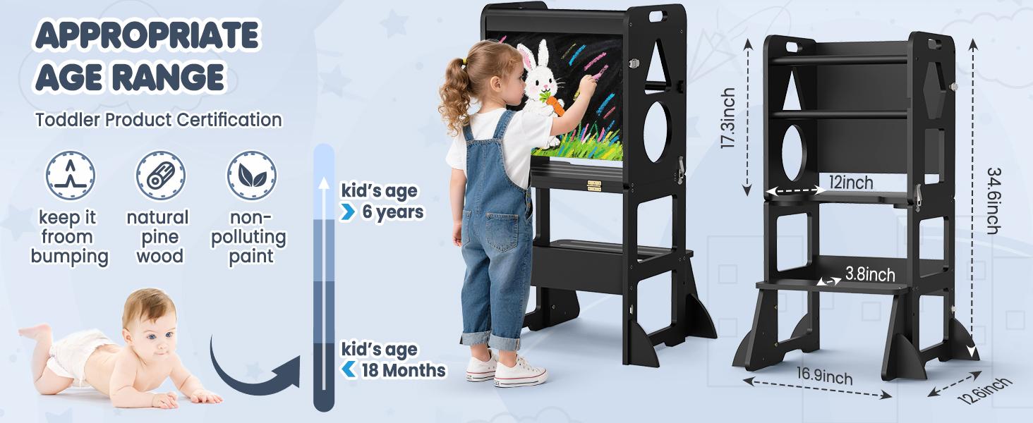 WOODURE 4-in-1 Toddler Kitchen Step Stool - Foldable Learning Tower with Blackboard for Kids Ages 1-3