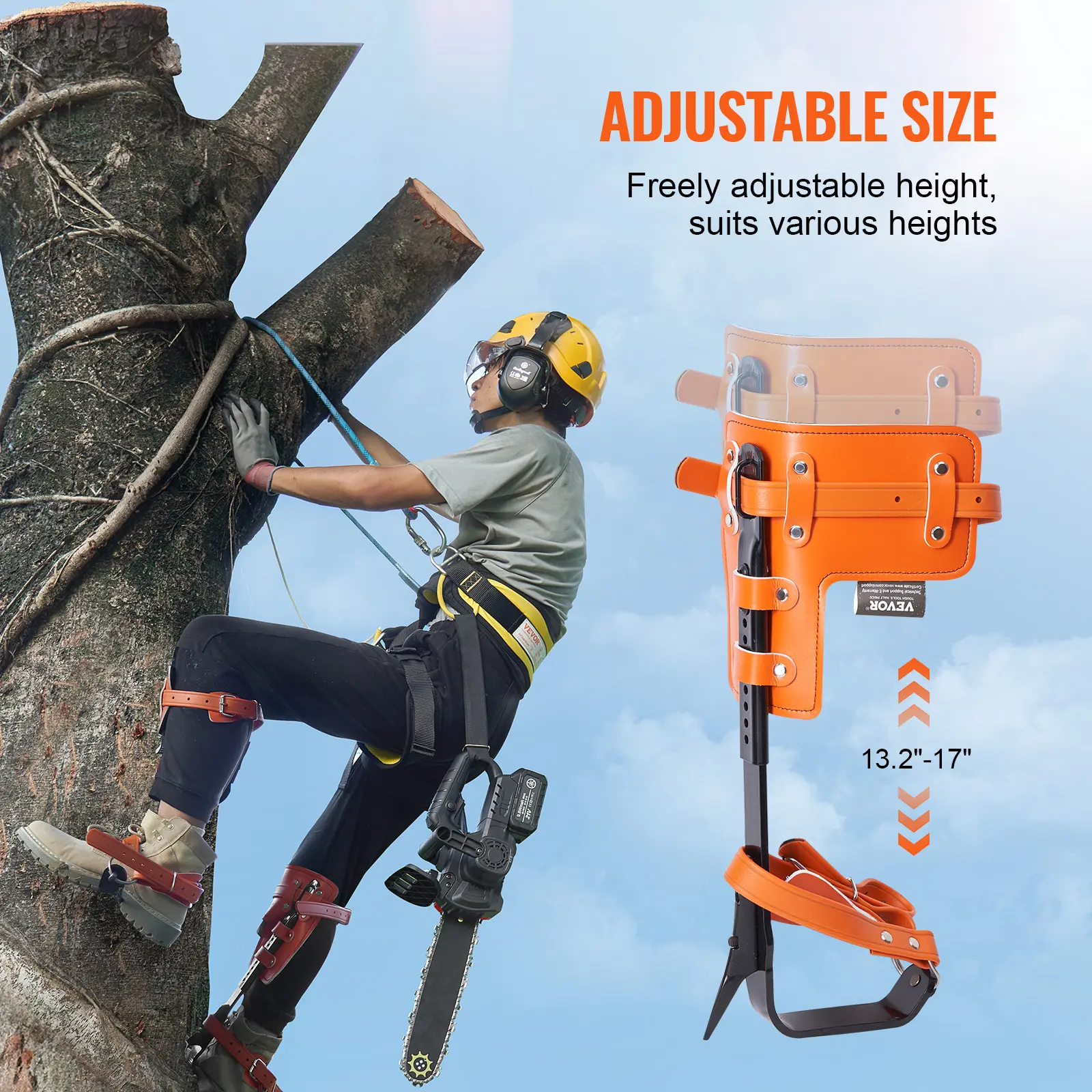 Juego de púas para trepar árboles, 1 par de espuelas de acero de aleación con cuerda y arnés de seguridad, capacidad de carga de 159 kg, equipo de arboricultura para trepar árboles, recolección de frutas, color naranja