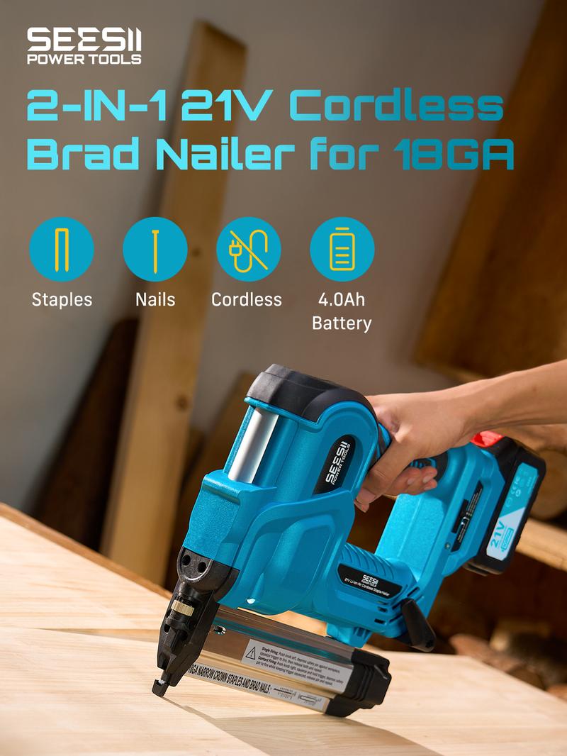 SEESII Cordless 2-in-1 Brad Nailer/Staple Gun (18GA) &ndash; 21V Electric Pneumatic Nail Gun w/ 2x4.0Ah Battery & Charger, 1000Pcs Nails, Adjustable Depth | Single/Contact Firing for Upholstery, Woodworking, DIY, dealsforyoudays,HKF50