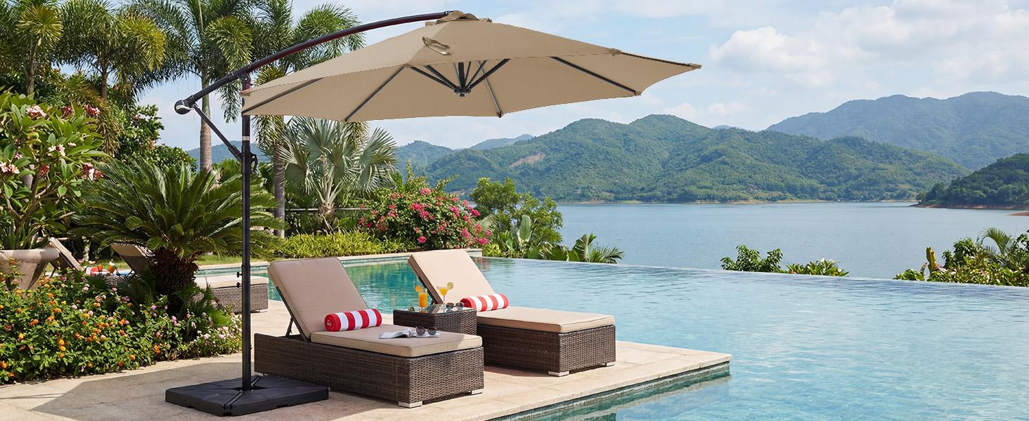 【With Base】10ft Offset Outdoor Patio Umbrella with Base, Easy Tilt & Crank, Adjustable Polyester Shade for Garden, Backyard, Poolside