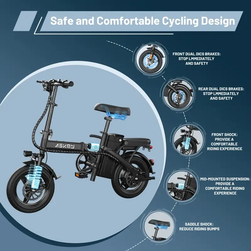 Bicicleta eléctrica plegable ASKMY E14: Motor de 1000 W (pico), hasta 45 millas de autonomía | Neumáticos sin cámara de 14", frenos de disco duales | Certificación UL, batería a prueba de pinchazos, garantía de 12 meses, diseño ligero