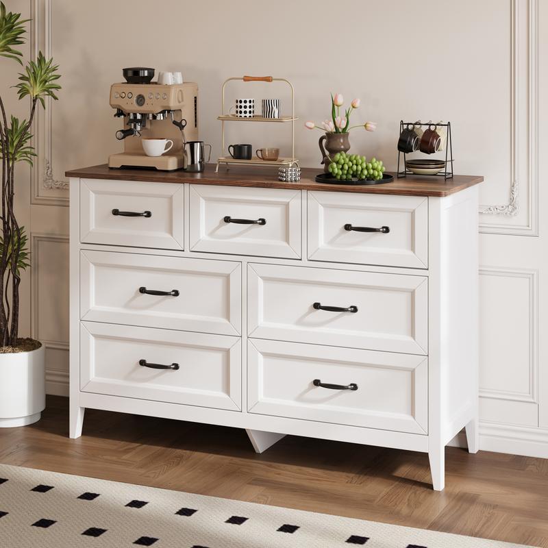 Cómoda de estilo rústico con 7 cajones, color blanco, con tiradores metálicos, 119 cm de ancho. Mueble organizador de madera para dormitorio infantil, pasillo, sala de estar o apartamento de chica. Ahorra espacio.