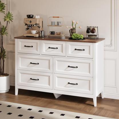 Cómoda de estilo rústico con 7 cajones, color blanco, con tiradores metálicos, 119 cm de ancho. Mueble organizador de madera para dormitorio infantil, pasillo, sala de estar o apartamento de chica. Ahorra espacio.