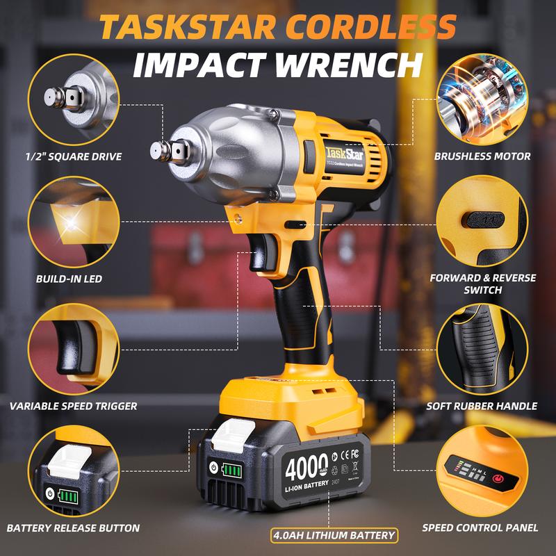 Llave de impacto inalámbrica de 200 N·m, 1/2 pulgada, 886 ft-lbs de alto par, con 2 baterías de 4.0 Ah, cargador rápido y 5 vasos, barra de extensión, puntas de destornillador, herramientas eléctricas y llave de carraca.