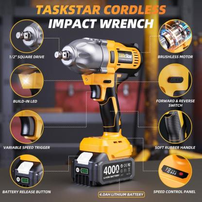 Llave de impacto inalámbrica de 200 N·m, 1/2 pulgada, 886 ft-lbs de alto par, con 2 baterías de 4.0 Ah, cargador rápido y 5 vasos, barra de extensión, puntas de destornillador, herramientas eléctricas y llave de carraca.