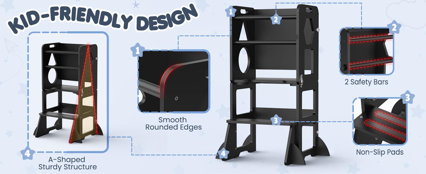WOODURE 4-in-1 Toddler Kitchen Step Stool - Foldable Learning Tower with Blackboard for Kids Ages 1-3