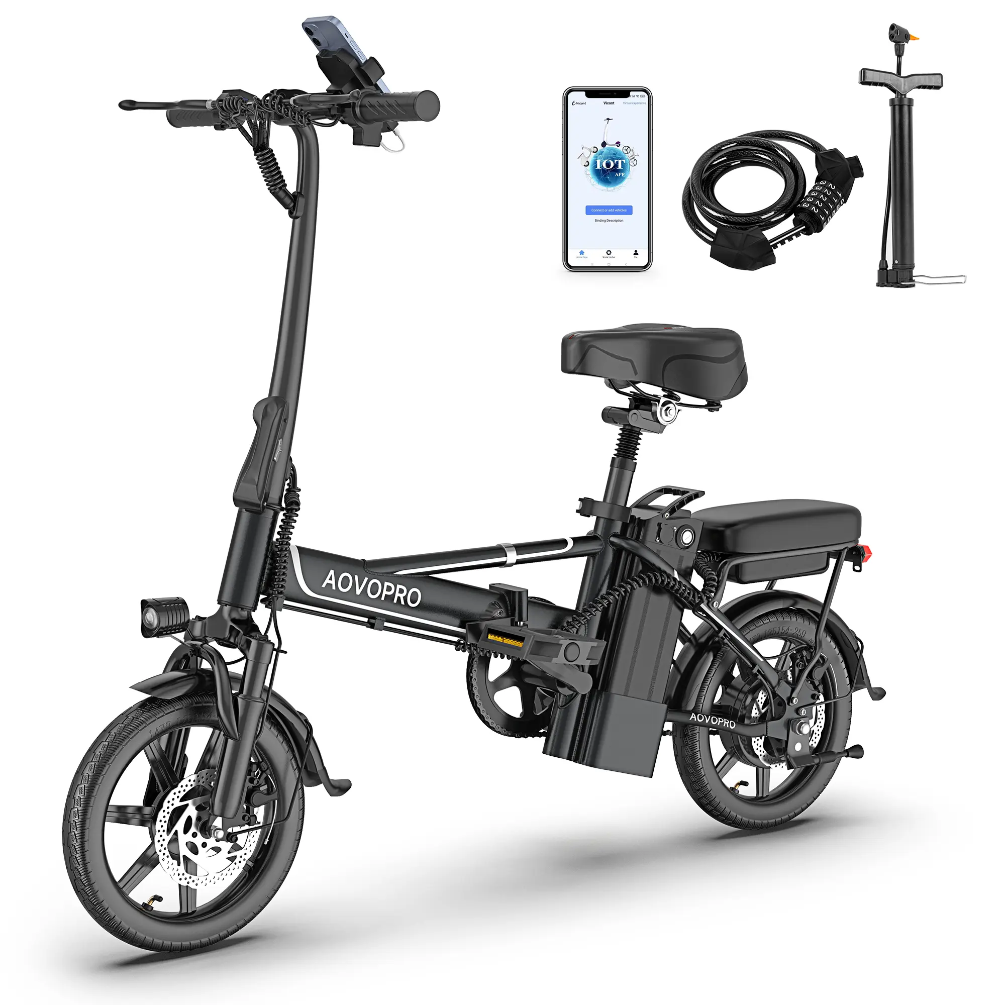 AOVOPRO & OLTVOGUE Electric Bike | 750W Peak Power | 22 MPH | 14" Pneumatic Tires | 22–40 Mile Range | Foldable | Dual Seat |Height Adjustable