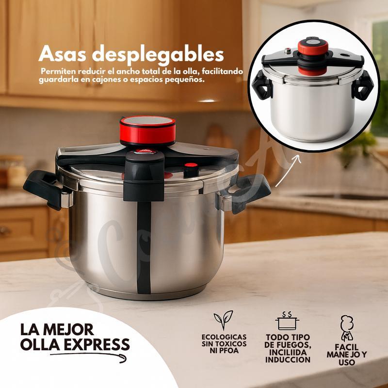 Olla a Presión de Acero Inoxidable con Cesta Vaporera y Tapa de Vidrio – Capacidades 6L, 8L y 10L – Compatible con Inducción, Eléctrica y Vitrocerámica y todo tipo de cocina – Segura, Eficiente y Fácil de Limpiar