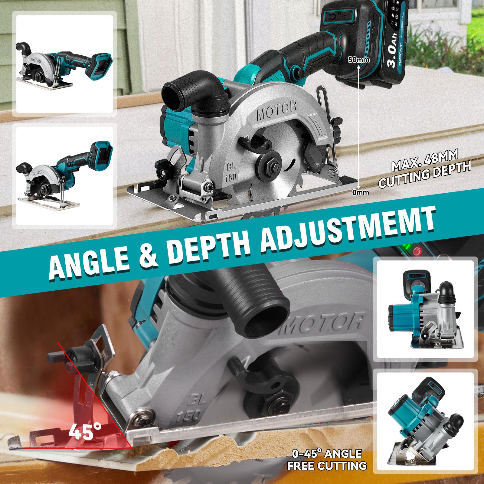 YOFIDRA Cordless Handheld Circular Saw | 48mm Depth/45&deg; Misalignment | Comes with 3 Saw Blades and Dual Batteries | Brushless Motor | Suitable for Wood, Metal, and Stone DIY