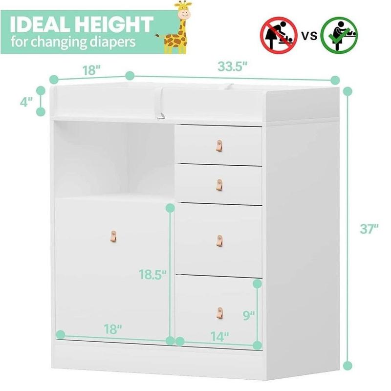 FUFU&GAGA Deborah Changing Table Dresser Antique White with Exposed Shelves, 5 Exposed Drawers & Space for Changing Pad, High-Quality Engineered Wood