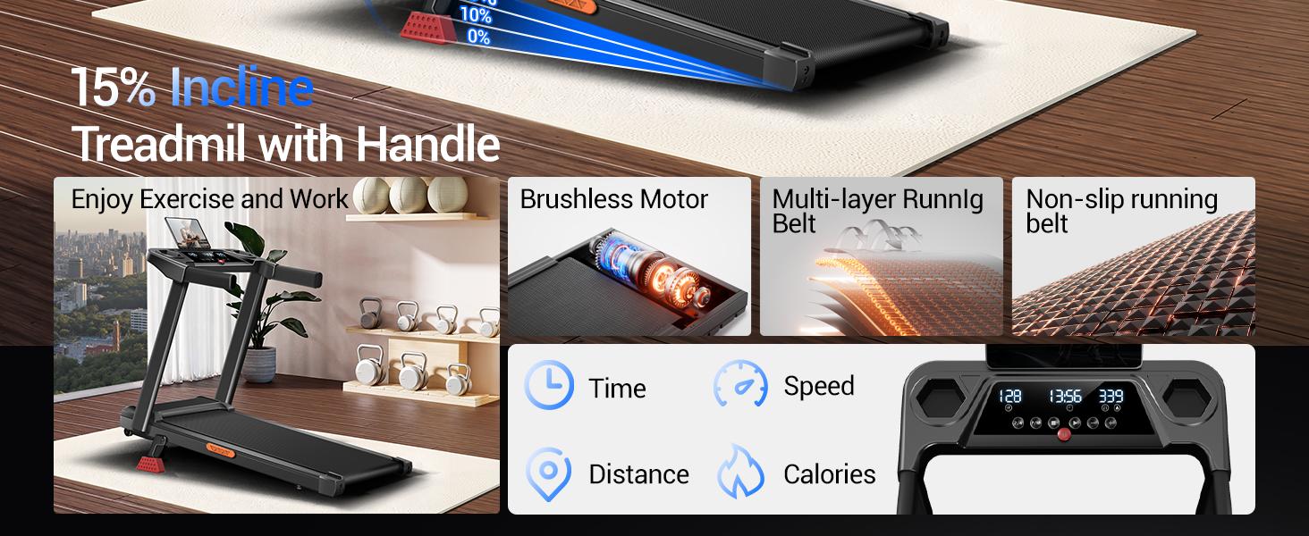 Incline Foldable Treadmill, 0.6-7MPH for Home 3.0HP Treadmills Screens Display Portable Walking Pad with Handle 300 LBS Capacity SpringStatements