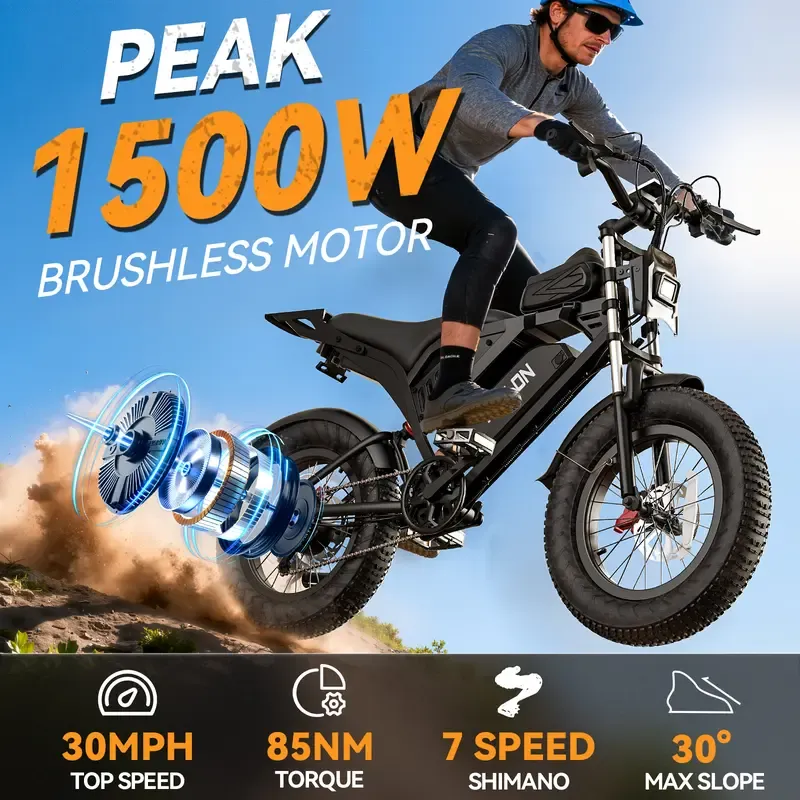Bicicleta eléctrica YOULON para adultos: Motor sin escobillas de 1500 W (pico), velocidad máxima de 30 MPH, batería de 48 V y 20 Ah, e-bike con neumáticos anchos de 20 pulgadas, hasta 50 km/h, capacidad de ascenso de 30°, 7 velocidades, sistema de amortig
