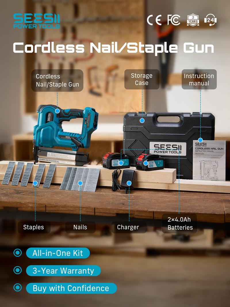SEESII Cordless 2-in-1 Brad Nailer/Staple Gun (18GA) &ndash; 21V Electric Pneumatic Nail Gun w/ 2x4.0Ah Battery & Charger, 1000Pcs Nails, Adjustable Depth | Single/Contact Firing for Upholstery, Woodworking, DIY, dealsforyoudays,HKF50
