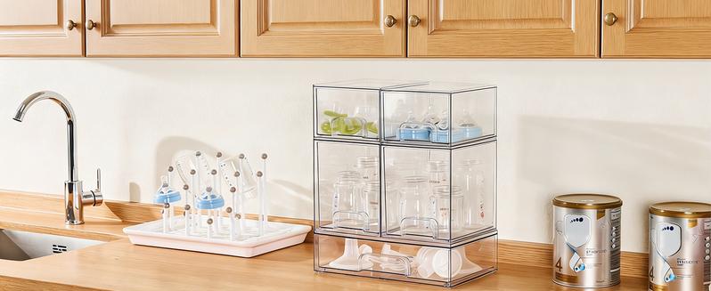 Vtopmart Stackable Storage Drawers Set of 5/8 Clear Plastic Organizer Bins for Nursery Bottle Station and Beauty Supplies Vanity Bathroom Cabinet Pantry Organization Multi-Size Flexible Design BPA-Free Safe New Year Gift