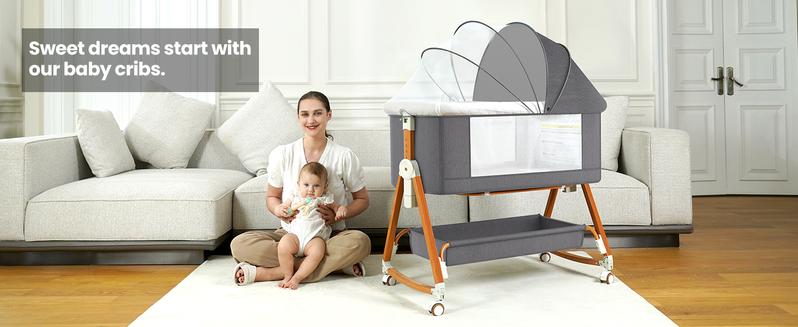Baby Bassinet Sleeper, 6 Height Adjustable Cribs, Easy to Fold Portable Crib Side Bassinet, Swing Cradle Bed Side Sleeper with Ventilated Net&Wheels
