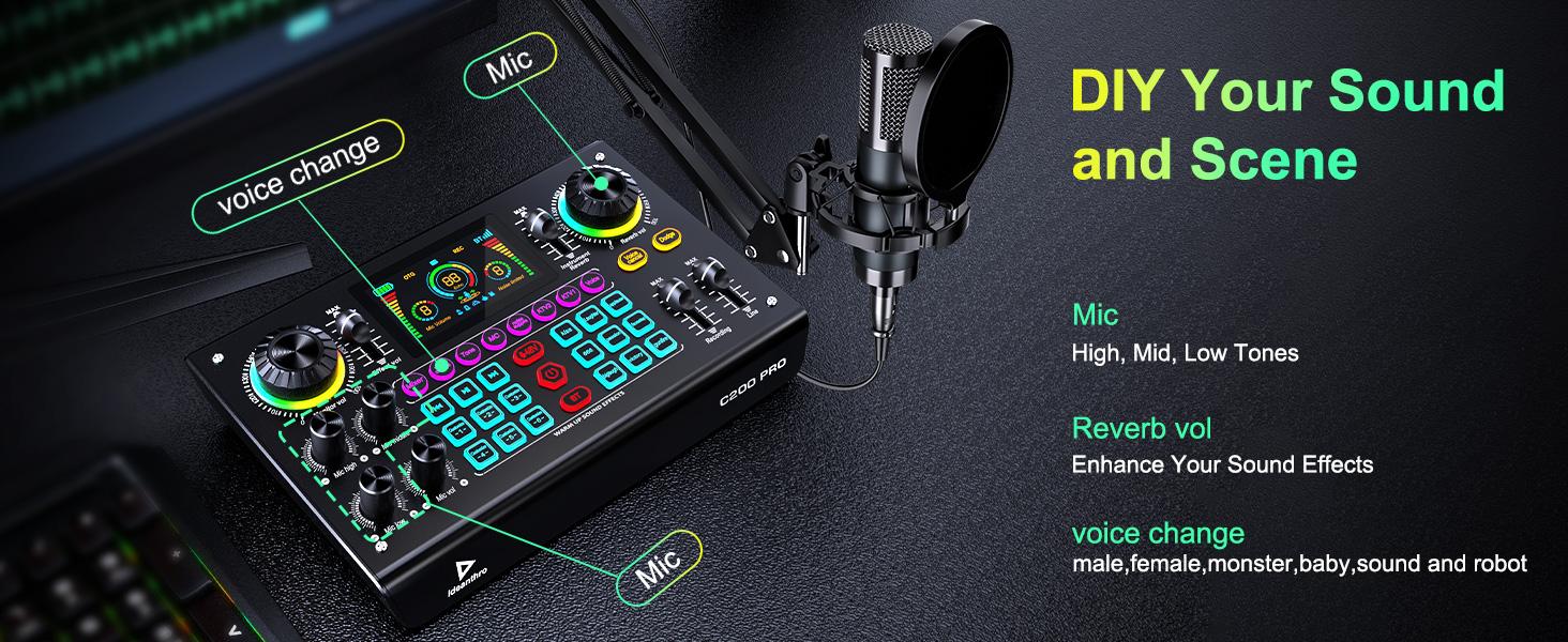 Ideanthro C200 PRO-P15 sound card features a dual-core DSP chip, supports dual microphones and dual headphones, has adjustable tone and multiple voice changer settings, and is compatible with most live streaming platforms