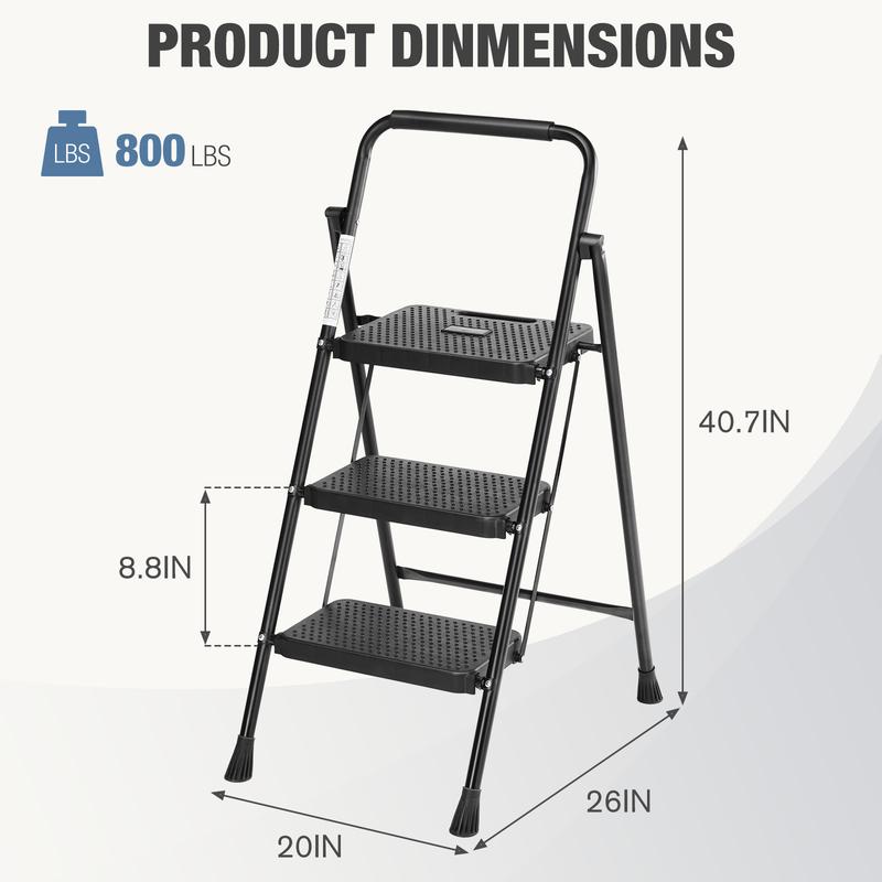 Step Ladder, Folding Step Stool with Wide Anti-Slip Pedal, 800lbs Sturdy Portable Ladder, Cushioned Handle, Lightweight