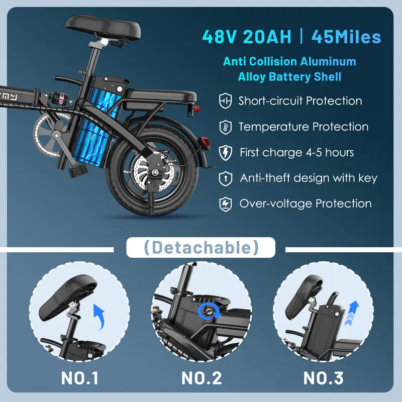 Bicicleta eléctrica plegable ASKMY E14: Motor de 1000 W (pico), hasta 45 millas de autonomía | Neumáticos sin cámara de 14", frenos de disco duales | Certificación UL, batería a prueba de pinchazos, garantía de 12 meses, diseño ligero