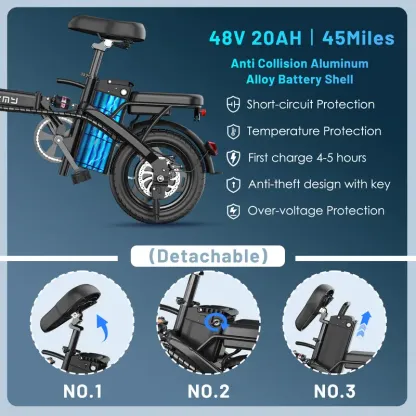 Bicicleta eléctrica plegable ASKMY E14: Motor de 1000 W (pico), hasta 45 millas de autonomía | Neumáticos sin cámara de 14", frenos de disco duales | Certificación UL, batería a prueba de pinchazos, garantía de 12 meses, diseño ligero