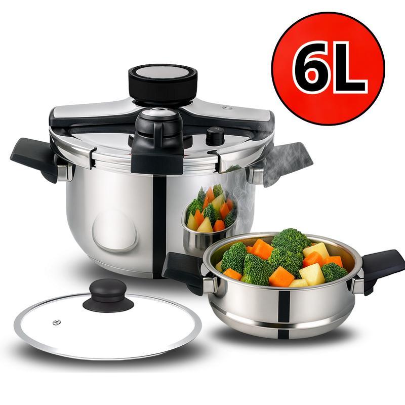 Olla a Presión de Acero Inoxidable con Cesta Vaporera y Tapa de Vidrio – Capacidades 6L, 8L y 10L – Compatible con Inducción, Eléctrica y Vitrocerámica y todo tipo de cocina – Segura, Eficiente y Fácil de Limpiar