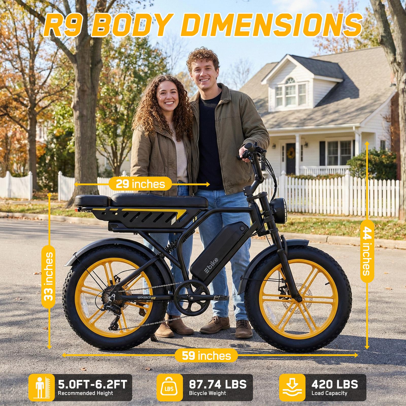 R9 Electric Bike 1500W Dual Battery | Up to 120 Miles Range | 20"x4.0 Fat Tires | 7-Speed, LCD Display, Front Suspension | Adult Ebike