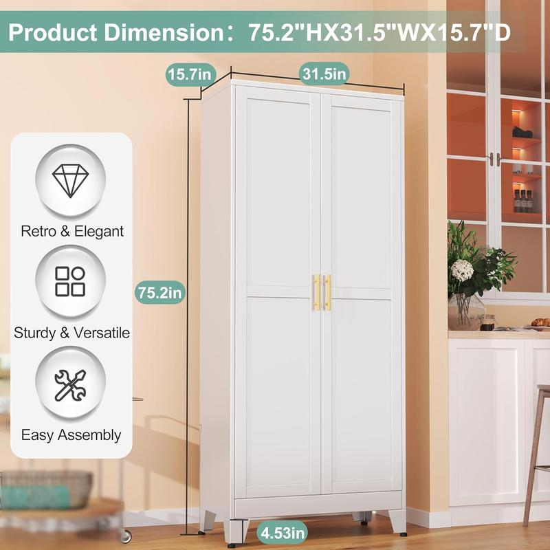75.2" Tall Pantry Cabinet, Kitchen Pantry Storage Cabinets with 2 Door and 5 Adjustable Shelves, White Metal Pantry Storage Cabinet, Cupboard for Kitchen, Dining Room, Living Room and Bathroom Organizer