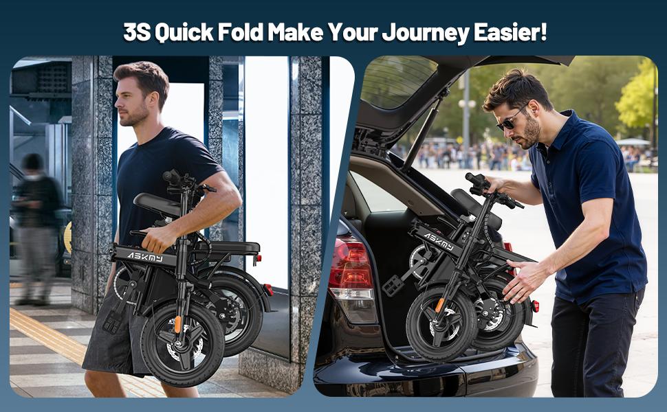 ASKMY E14 Folding Electric Bike 1000W Peak Motor, Up to 45 Miles Range | 14" Tubeless Tires, Dual Disc Brakes | UL Certified, Puncture-Tested Battery, 12-Month Warranty, Lightweight Design ASKMY E14 Folding Electric Bike 1000W Peak Motor, Up to 45 Miles Range | 14" Tubeless Tires, Dual Disc Brakes | UL Certified, Puncture-Tested Battery, 12-Month Warranty, Lightweight Design