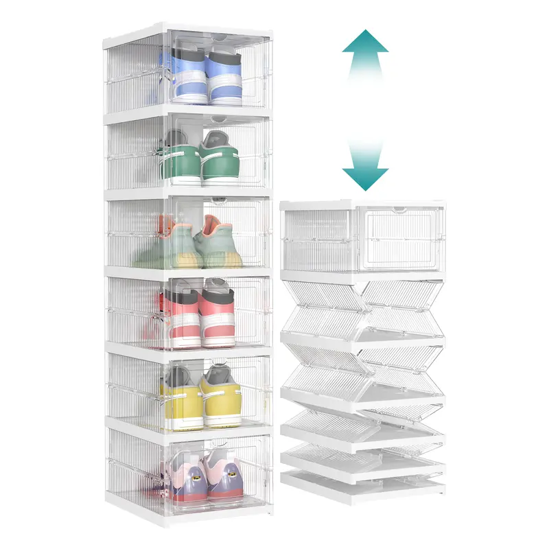 SONGMICS HOME Cajas para zapatos plegables — Organizador plegable, apilable y portátil para tallas de EE. UU. 13 — Estantes de plástico PP transparente
