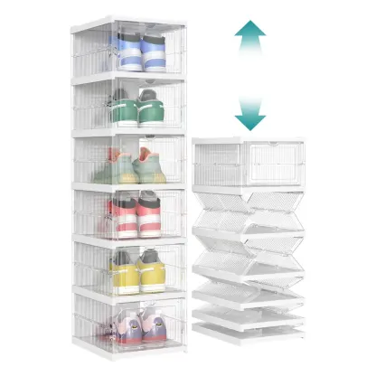 SONGMICS HOME Cajas para zapatos plegables — Organizador plegable, apilable y portátil para tallas de EE. UU. 13 — Estantes de plástico PP transparente