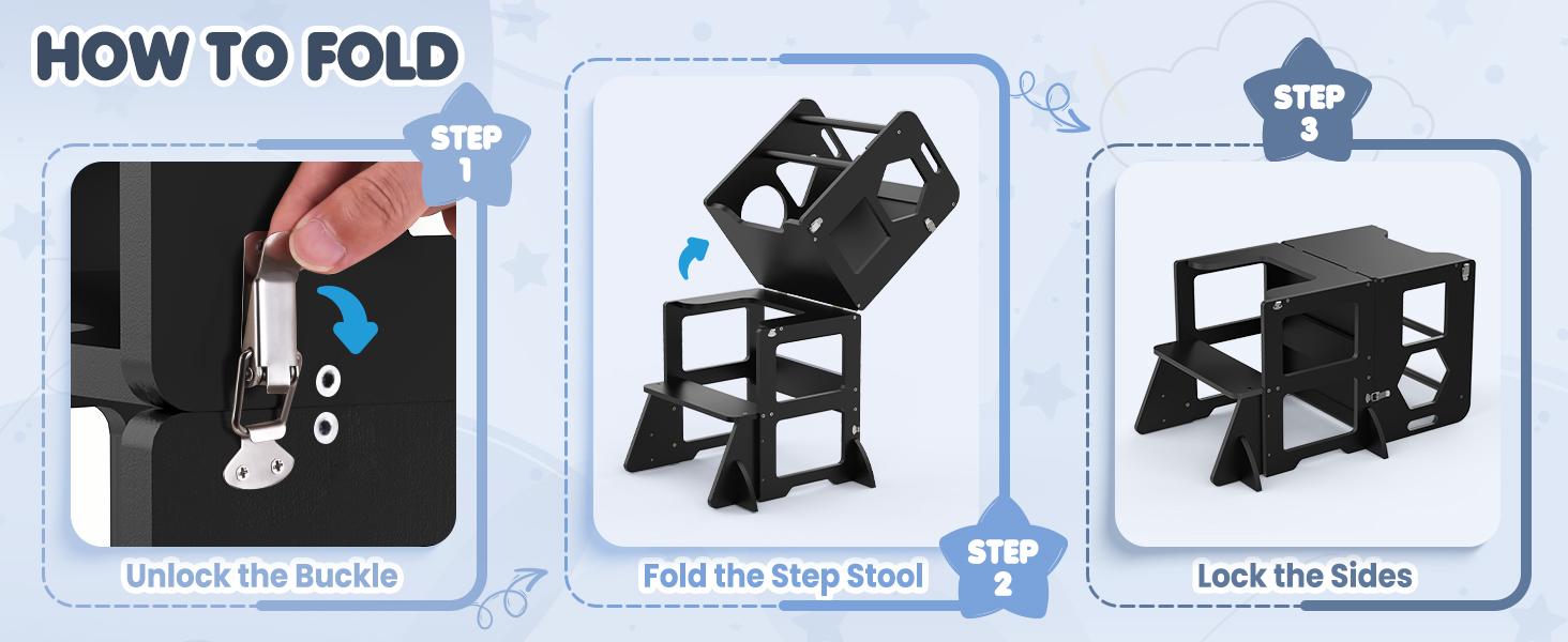 WOODURE 4-in-1 Toddler Kitchen Step Stool - Foldable Learning Tower with Blackboard for Kids Ages 1-3