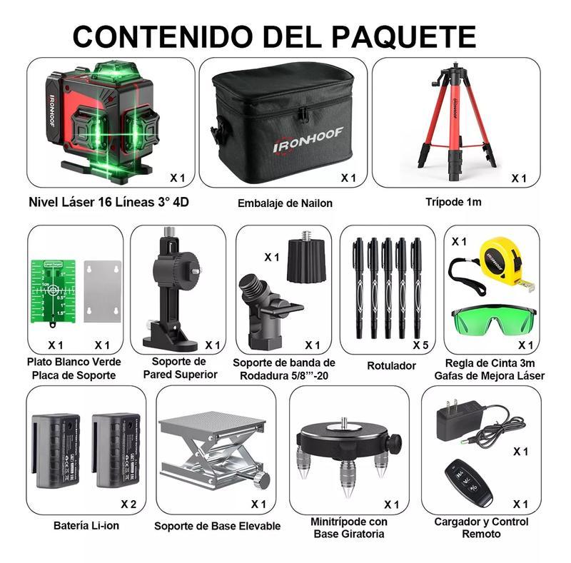 Nivel Láser Autonivelante 360° 16 Líneas Verde Con Trípode Nivel Láser 16 Líneas 4x360° Verde 2 Batería Recargable con Control Remoto