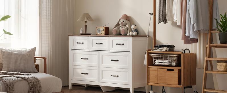Gizoon Farmhouse 7 Drawers Dresser White Chest of Drawers with Metal Handles 47" Wide Wooden Storage Organizer for Kids Bedroom Hallway Living Room Girl Apartment Furniture Space-Saving