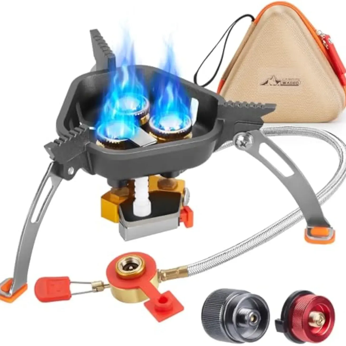 Estufa de camping a prueba de viento de 7200 W, estufa de gas con encendido piezoeléctrico, adaptador para dos cartuchos de combustible, estuche de transporte, estufa portátil, estufa para mochileros, senderismo y picnics al aire libre.