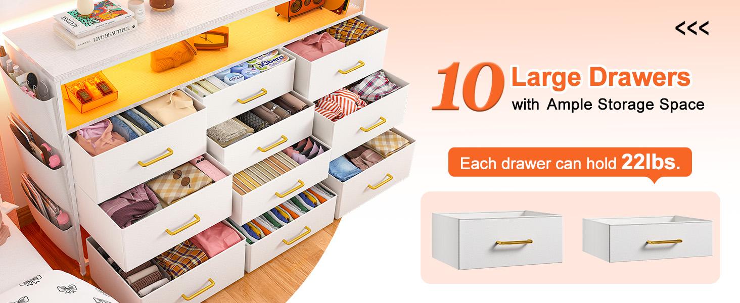 【24H Online Help】Raybee 10-Drawer Vanity LED Dresser with Side Pockets & Hooks, Modern Storage Cabinet with Wood Top, Fabric Drawers with Metal Frame, Space Saving Organizer for Small Apartments, Bedrooms, Dorm, Cute Cozy Home Decor,Easy Assembly 【24H Online Help】Raybee 10-Drawer Vanity LED Dresser with Side Pockets & Hooks, Modern Storage Cabinet with Wood Top, Fabric Drawers with Metal Frame, Space Saving Organizer for Small Apartments, Bedrooms, Dorm, Cute Cozy Home Decor,Easy Assembly