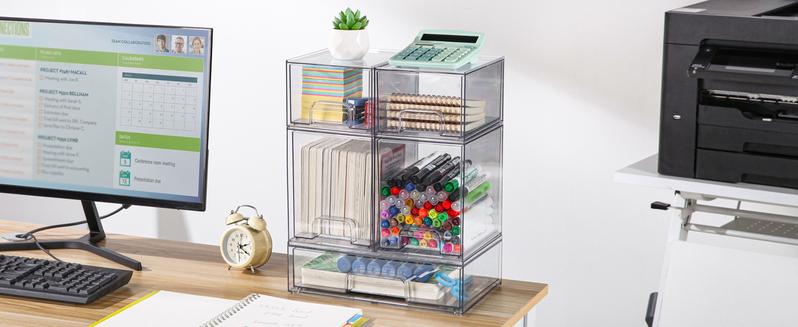 Vtopmart Stackable Storage Drawers Set of 5/8 Clear Plastic Organizer Bins for Nursery Bottle Station and Beauty Supplies Vanity Bathroom Cabinet Pantry Organization Multi-Size Flexible Design BPA-Free Safe New Year Gift