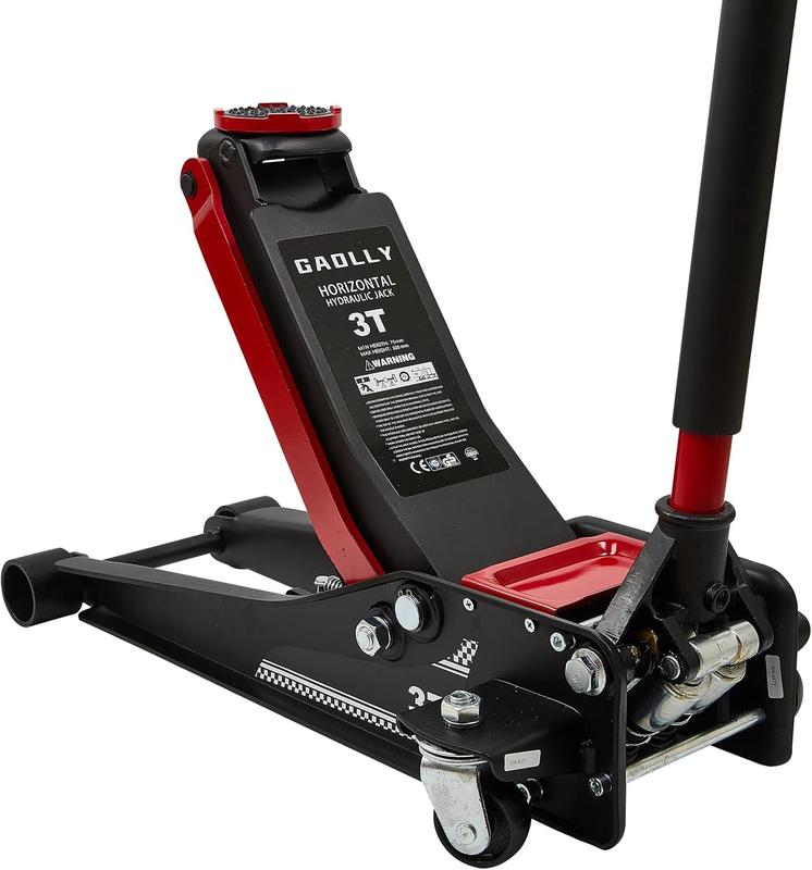 Gato hidráulico de perfil bajo de 3 toneladas para competición, de alta resistencia - Certificación de seguridad GS, bomba de elevación rápida de doble pistón, rango de elevación de 8,5 a 50 cm, herramienta automotriz para reparación de vehículos.